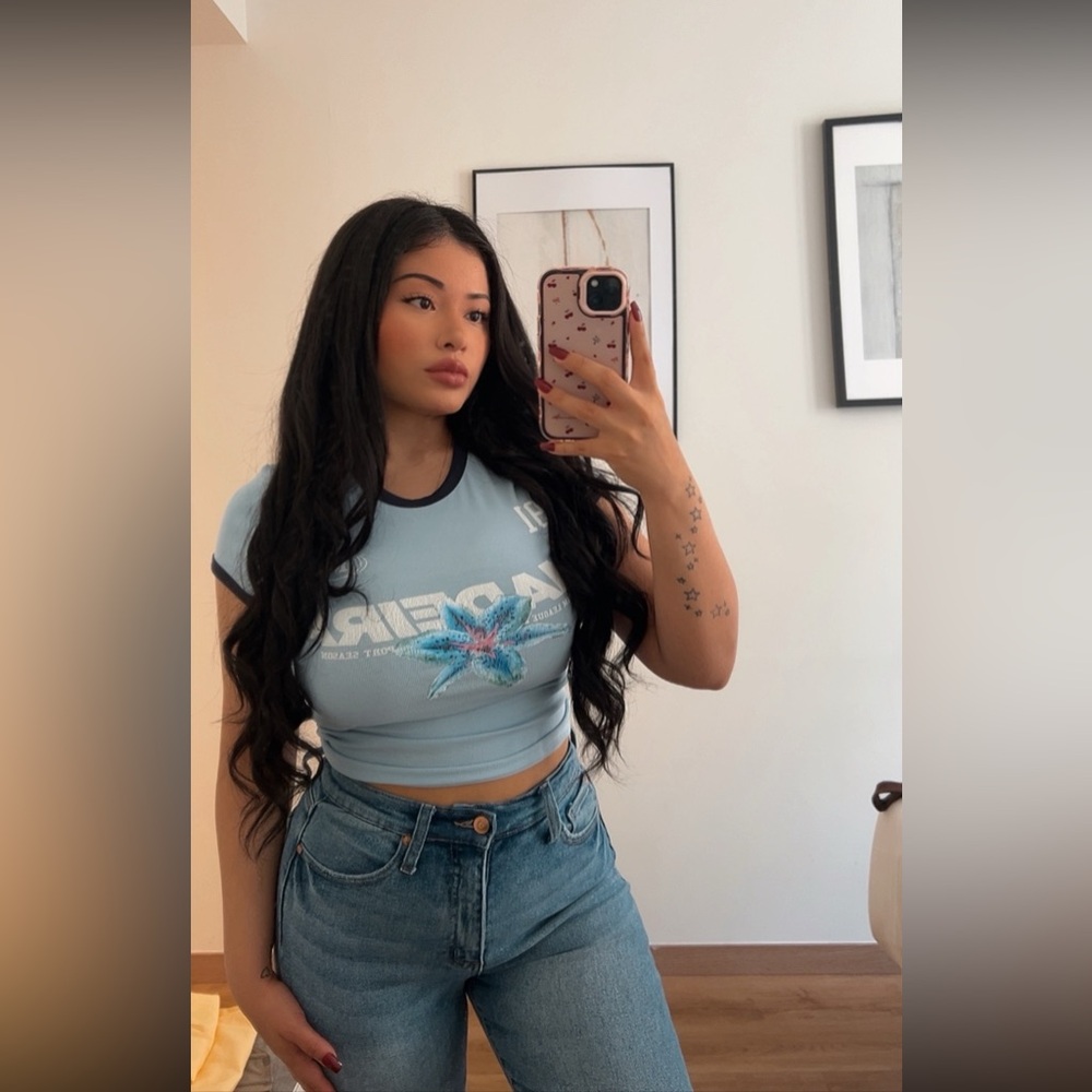 Bershka Light Blue Graphic Crop Top
